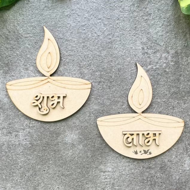 2 Pair of Deepak Shubh Labh, MDF Cutout for DIY Art and Craft | Diwali Decorations, Festival Gift