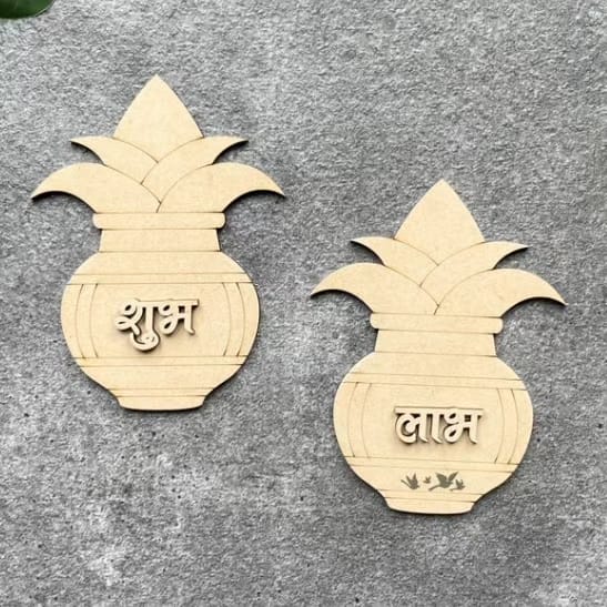 2 Pair of Kalash Shubh Labh, MDF Cutout for DIY Art and Craft | Diwali Decorations, Festival Gift