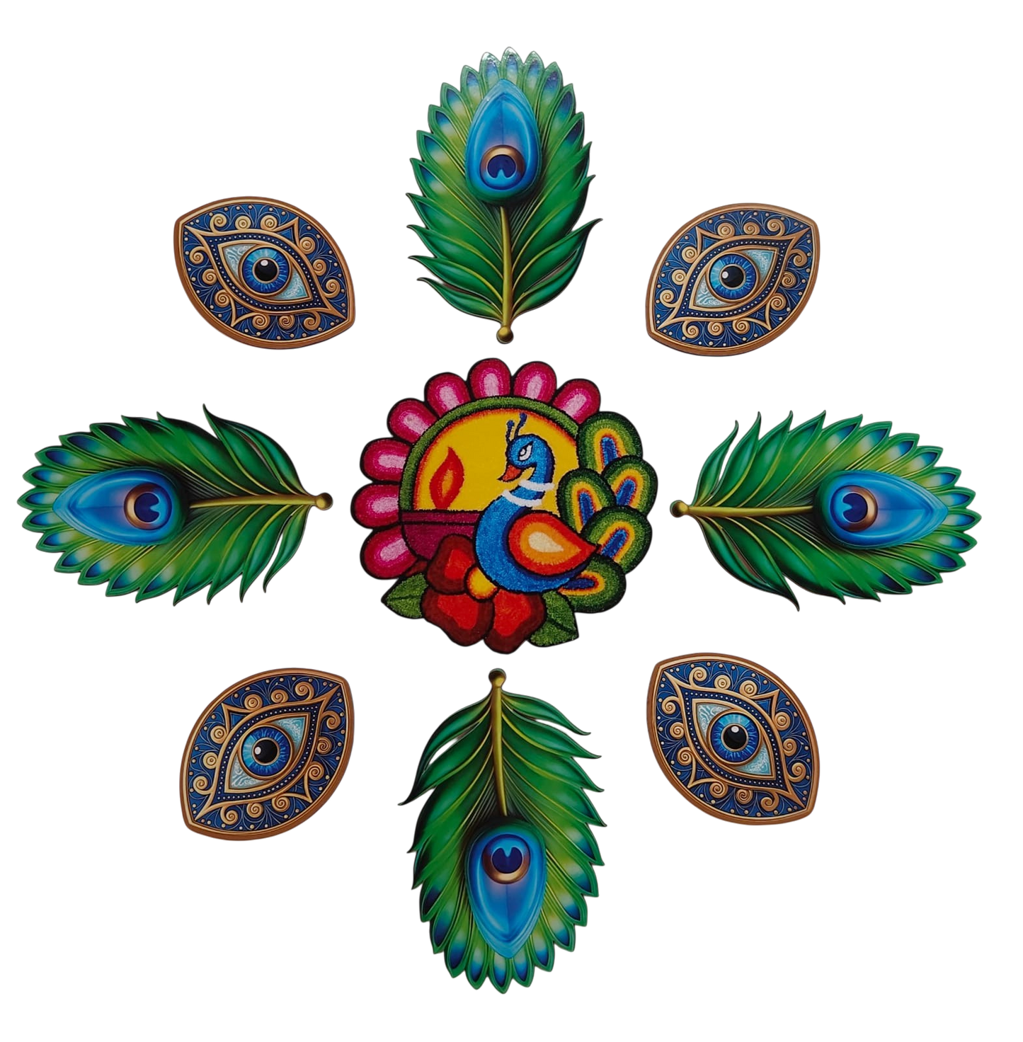 Peacock Rangoli Floor MDF Wooden Set | MOR Design Decorative Rangoli | Reusable Festival Rangoli for Diwali, Pooja & Home Decor (16–18 Inch Layout)
