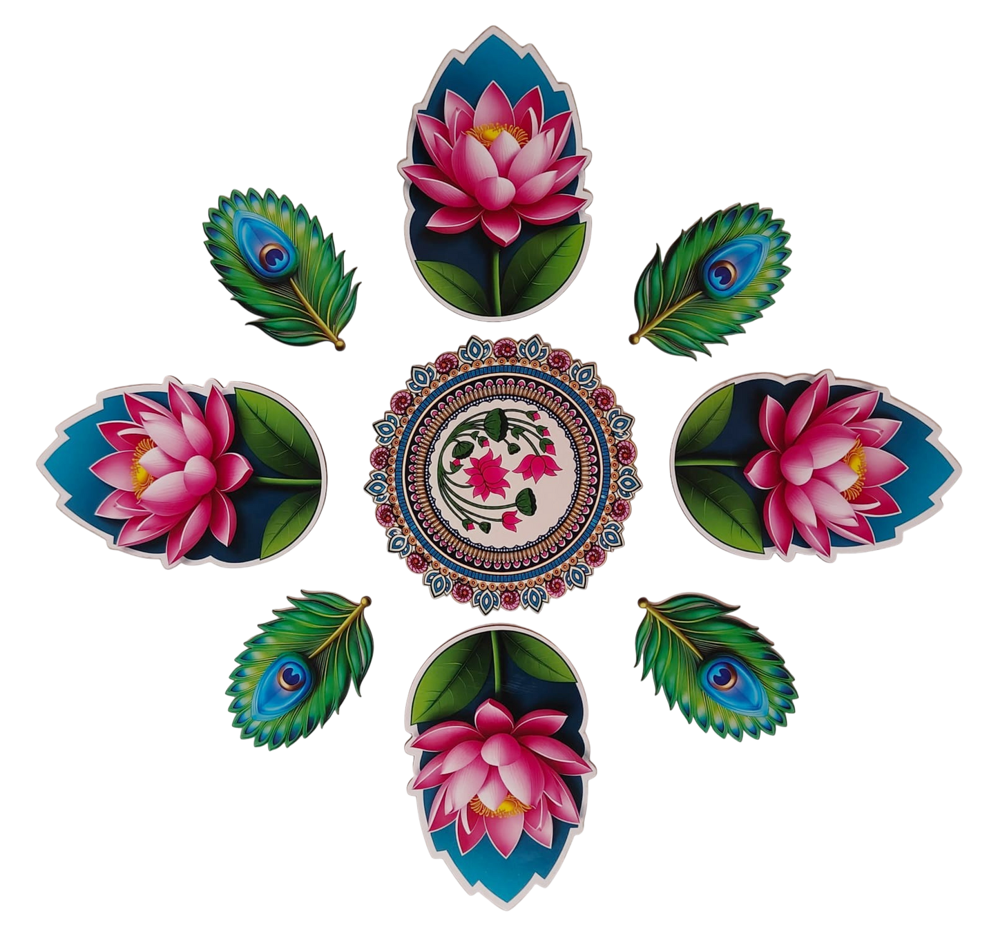 Lotus & Peacock Feather Rangoli Floor MDF Wood Set | Kamal Phool Decorative Rangoli | Reusable Diwali, Pooja & Festival Home Decor (16–18 Inch Layout)