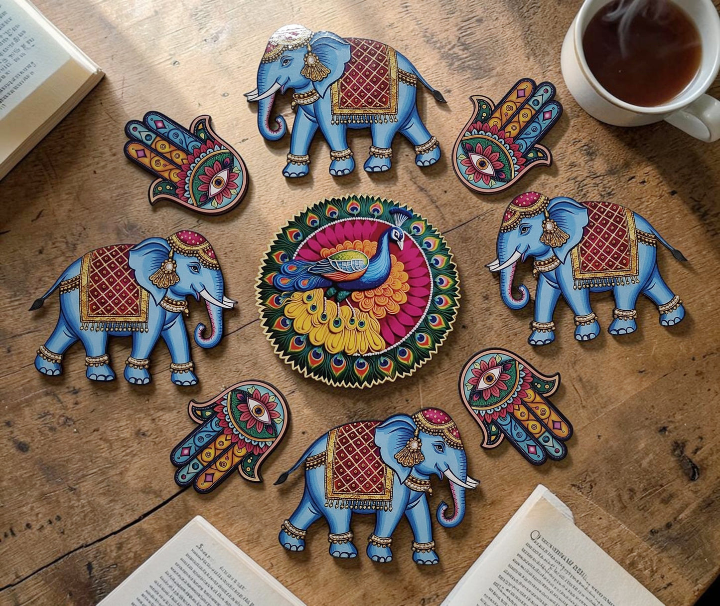 Elephant & Peacock Rangoli Floor MDF Wood Set | Royal Mor & Hathi Design Decorative Rangoli | Reusable Diwali & Festival Floor Decor (16–18 Inch Layout)